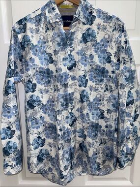 Tommy Bahama Blue and White Floral Long-Sleeve Shirt Size S